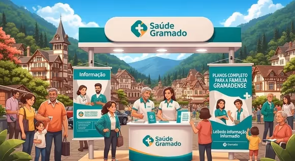Estande Saúde Gramado com equipe atendendo famílias na cidade