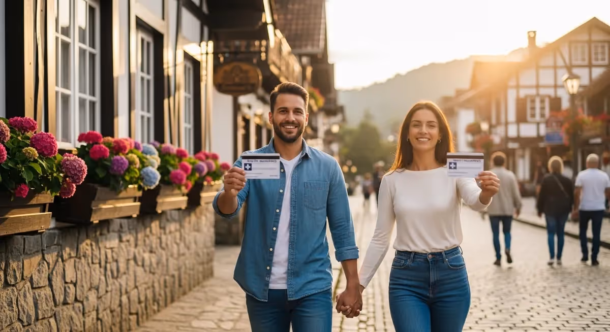 Casal sorridente mostrando carteirinha de plano de saúde