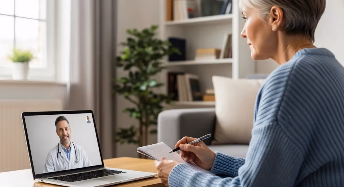 Mulher em teleconsulta médica online com doutor no notebook