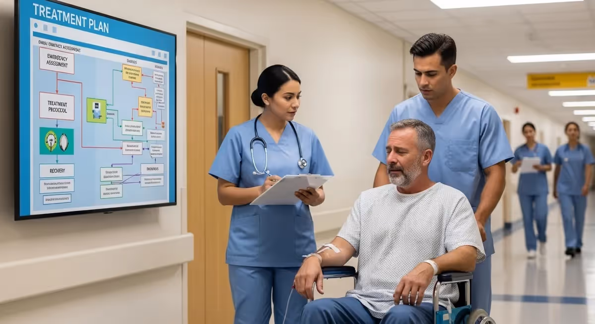 Enfermeiros acompanhando paciente em cadeira de rodas no corredor