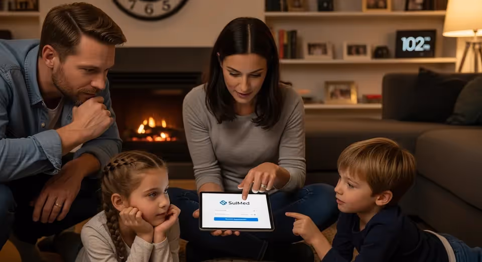 Família reunida acessando plano Sulmed pelo tablet em casa