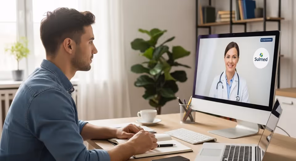 Homem em consulta médica online com doutora da Sulmed