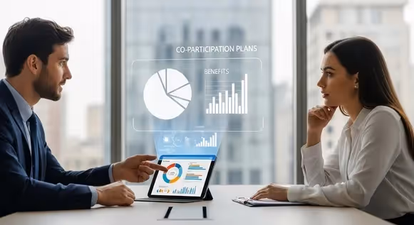Executivos discutem planos de saúde com gráficos e dados