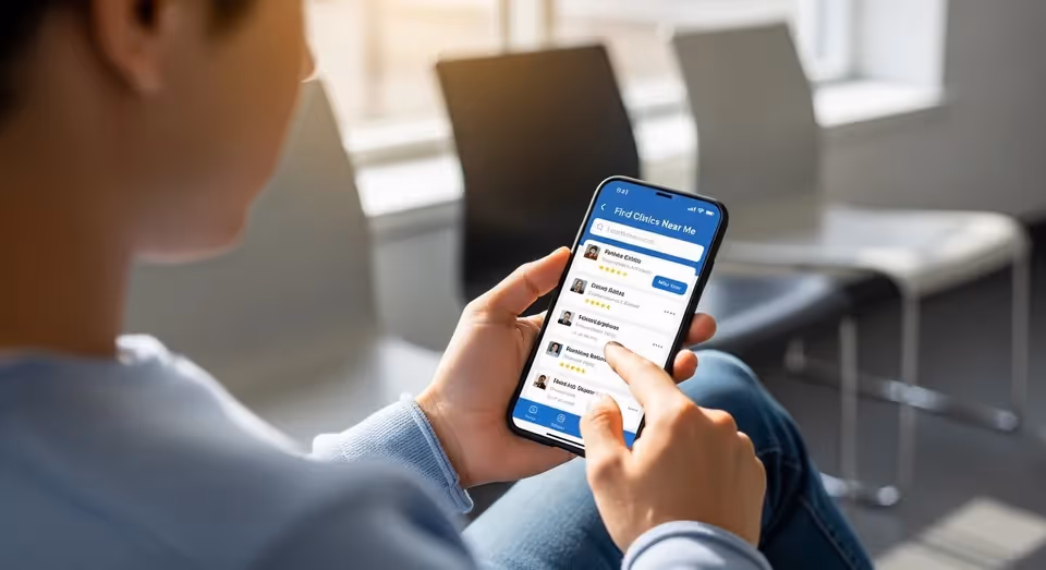Pessoa usando aplicativo no celular para encontrar clínicas próximas
