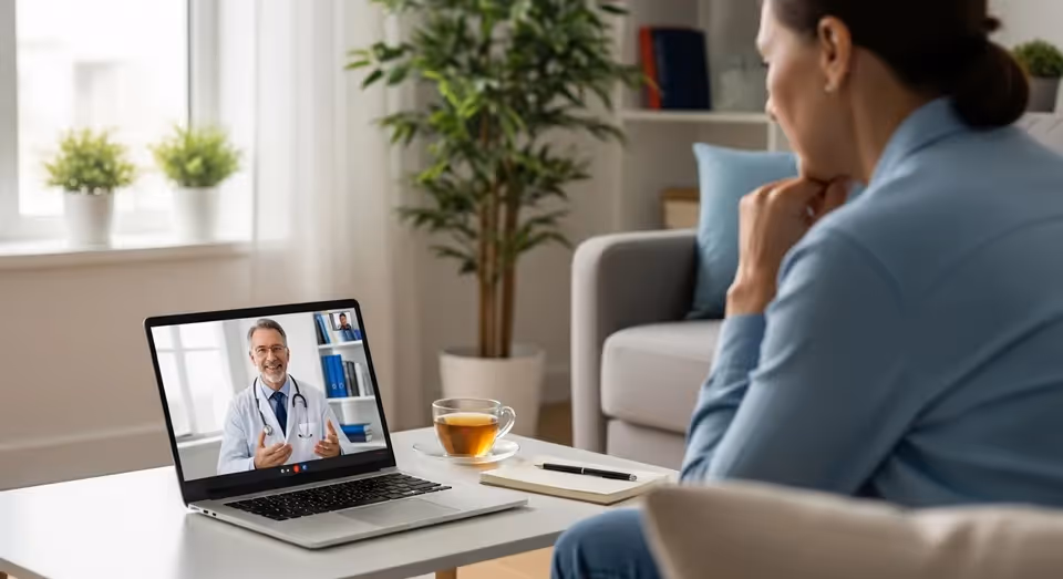 Mulher em teleconsulta com médico por videochamada em casa