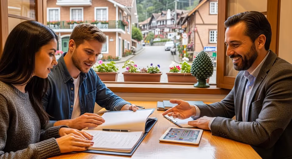 Casal recebendo consultoria sobre plano de saúde em Gramado
