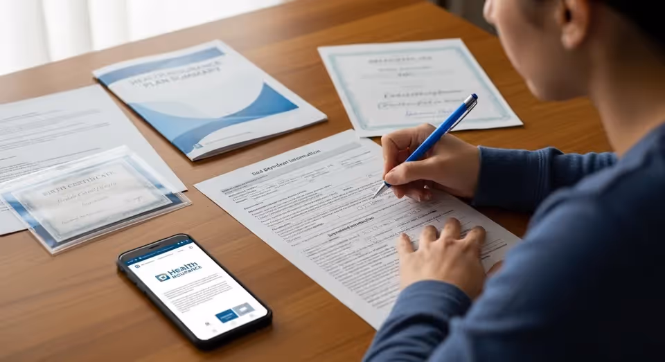 Pessoa preenchendo formulário de plano de saúde com documentos