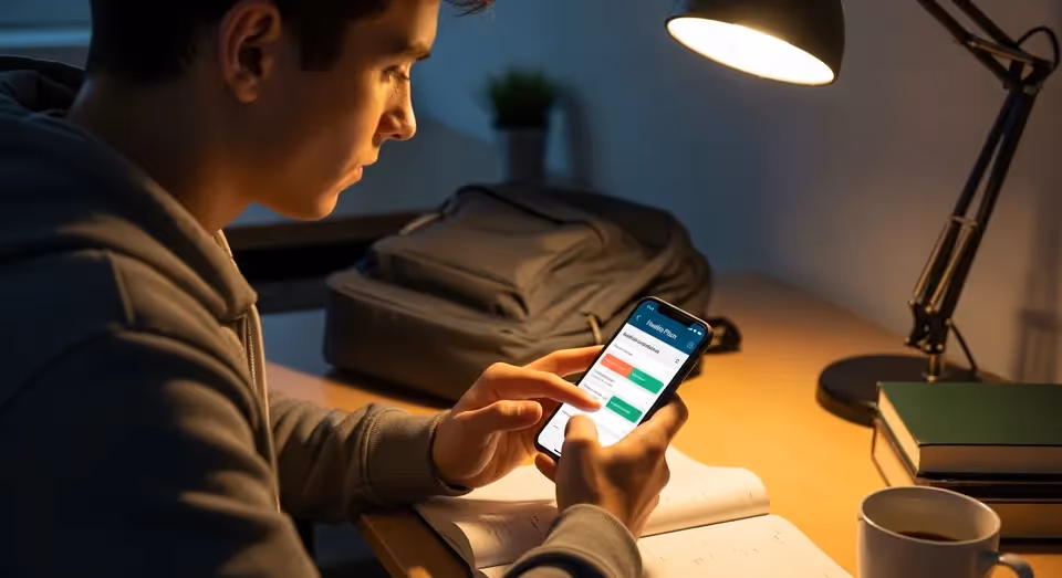 Jovem acessando aplicativo de saúde no celular durante a noite