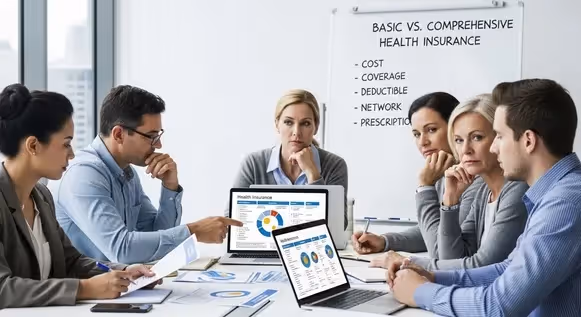 Reunião empresarial comparando planos de saúde básicos e completos