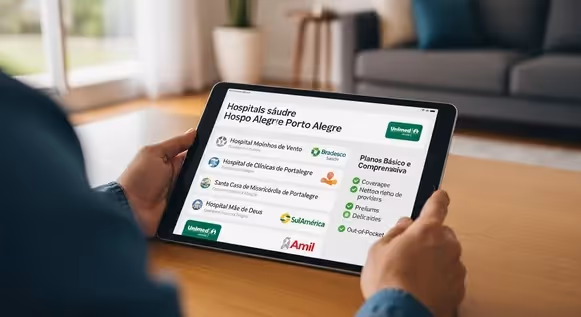 Tablet mostrando hospitais e planos de saúde em Porto Alegre