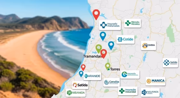 Mapa de hospitais e seguradoras na região litorânea do Rio Grande do Sul