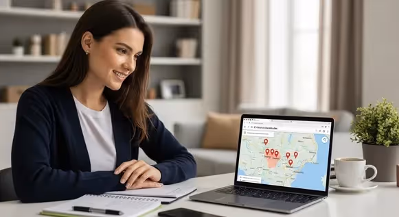 Mulher analisando mapa de clínicas e planos de saúde no notebook