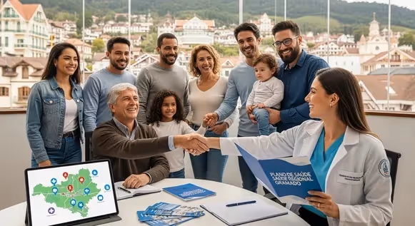 Família contratando plano de saúde regional em Gramado