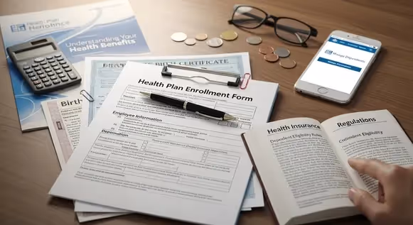 Documentos e formulário de adesão a plano de saúde sobre a mesa