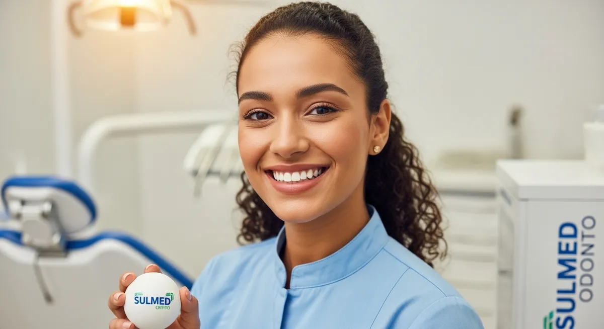 Profissional Sulmed sorri segurando bola com logotipo da marca