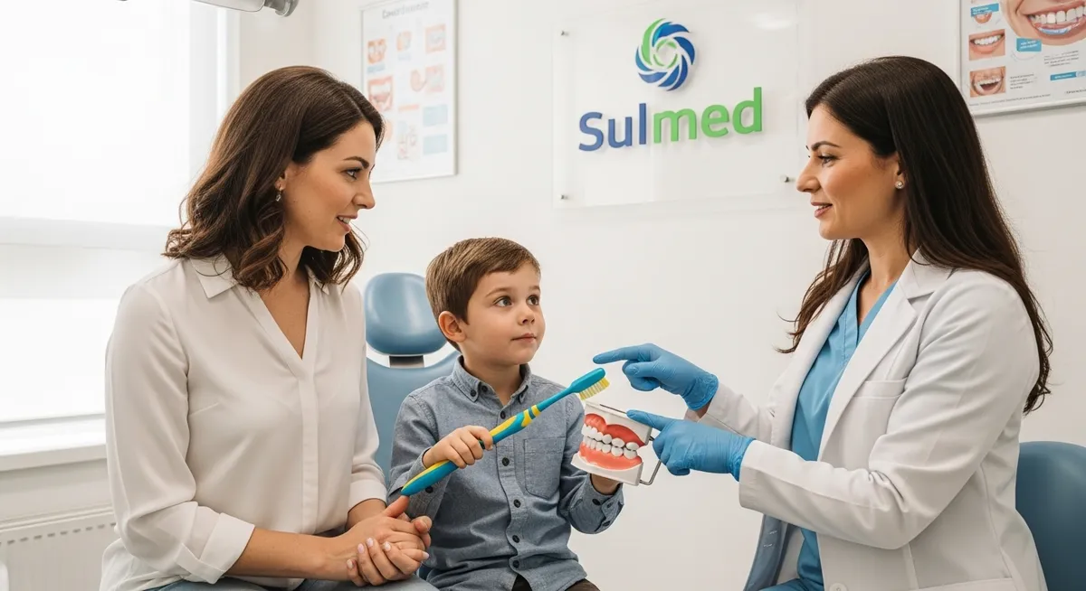Dentista Sulmed ensina criança e mãe sobre escovação dental