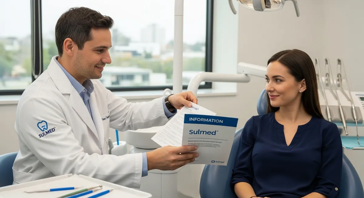 Dentista Sulmed orienta paciente em consultório odontológico