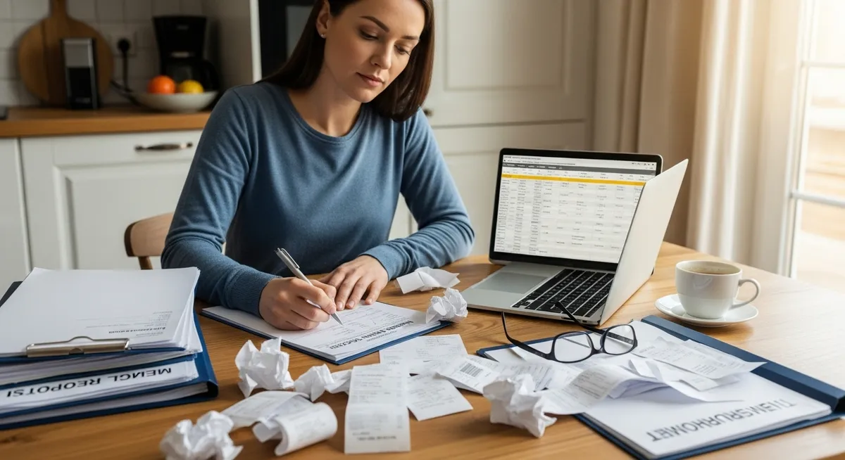 Mulher organiza recibos e preenche formulário de reembolso em casa