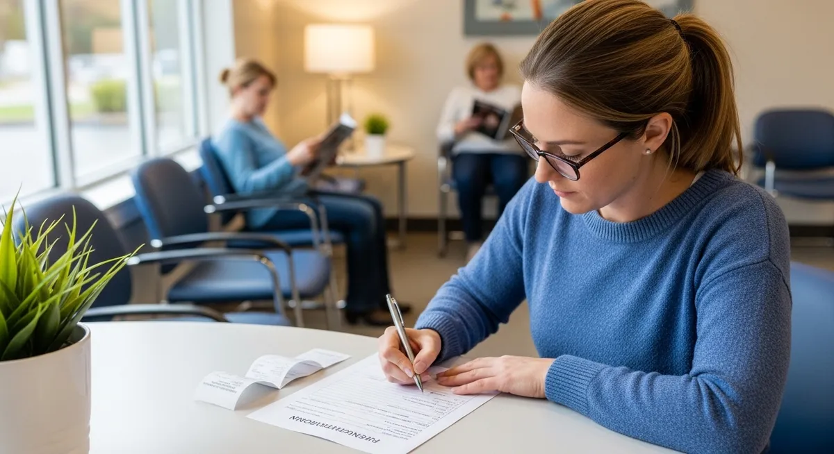Mulher preenche formulário médico na sala de espera da clínica