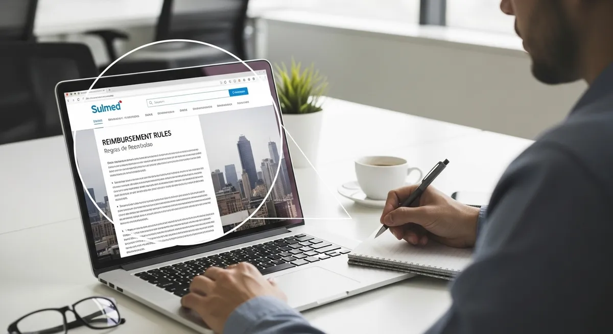 Homem consulta regras de reembolso no site da Sulmed em laptop