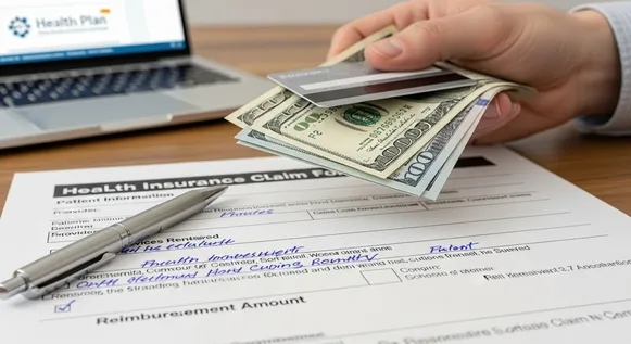 Mão segura dinheiro e cartão sobre formulário de reembolso médico
