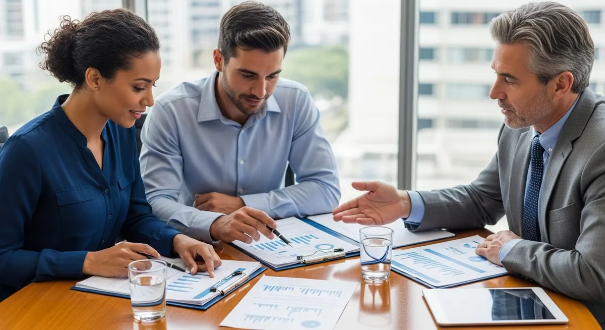 grupo analisa relatorios financeiros durante reuniao de negocios