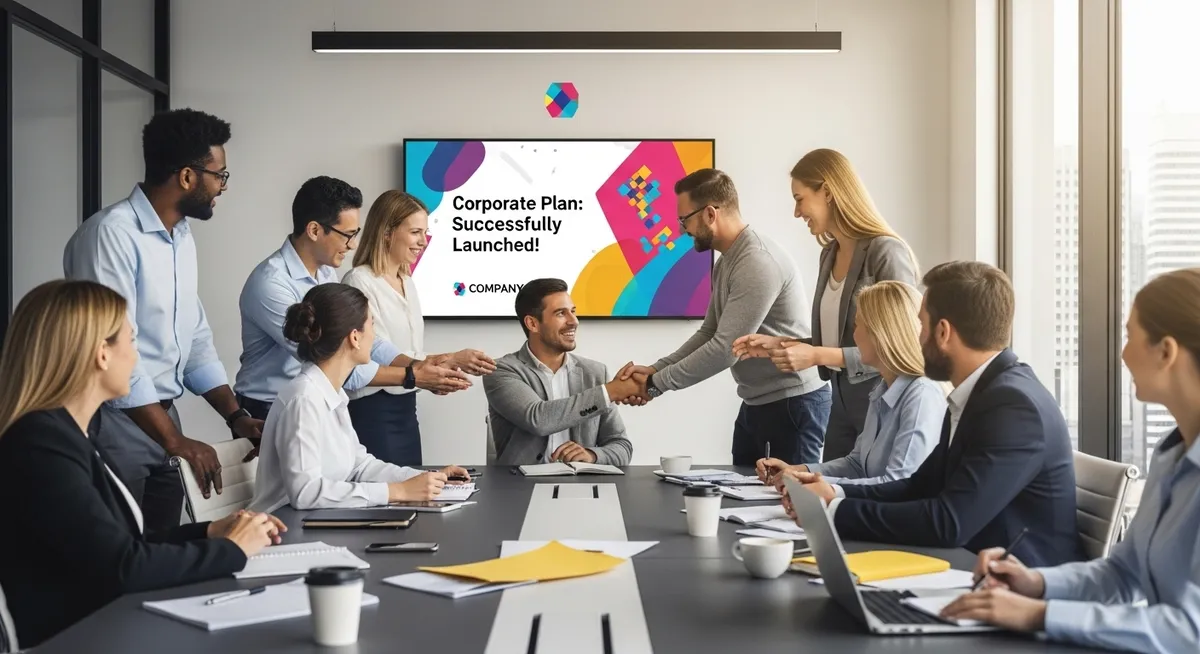 equipe em reuniao corporativa comemorando lancamento de projeto