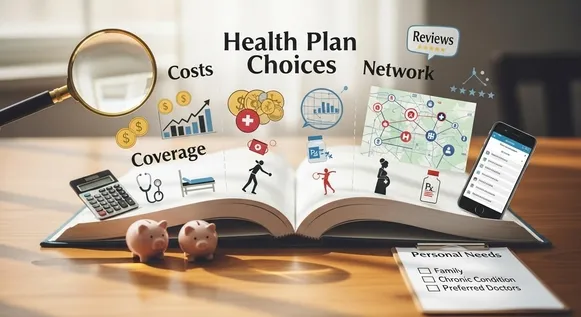 ilustracao mostra opcoes de planos de saude com custos e coberturas