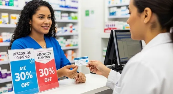 Cliente usando cartão de descontos em atendimento na farmácia