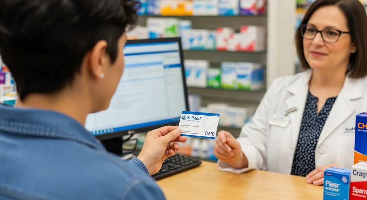 Cliente apresentando cartão SulMed para atendimento na farmácia