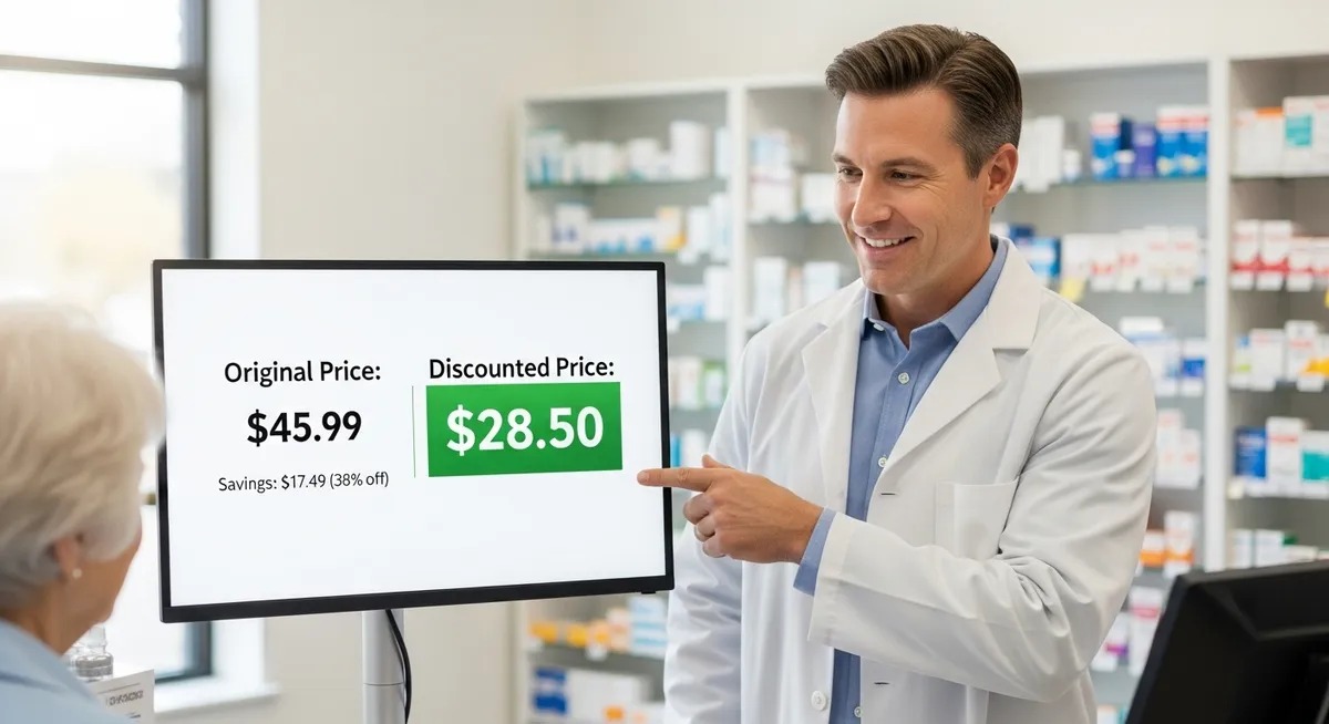 Farmacêutico mostrando preço com desconto em tela para cliente