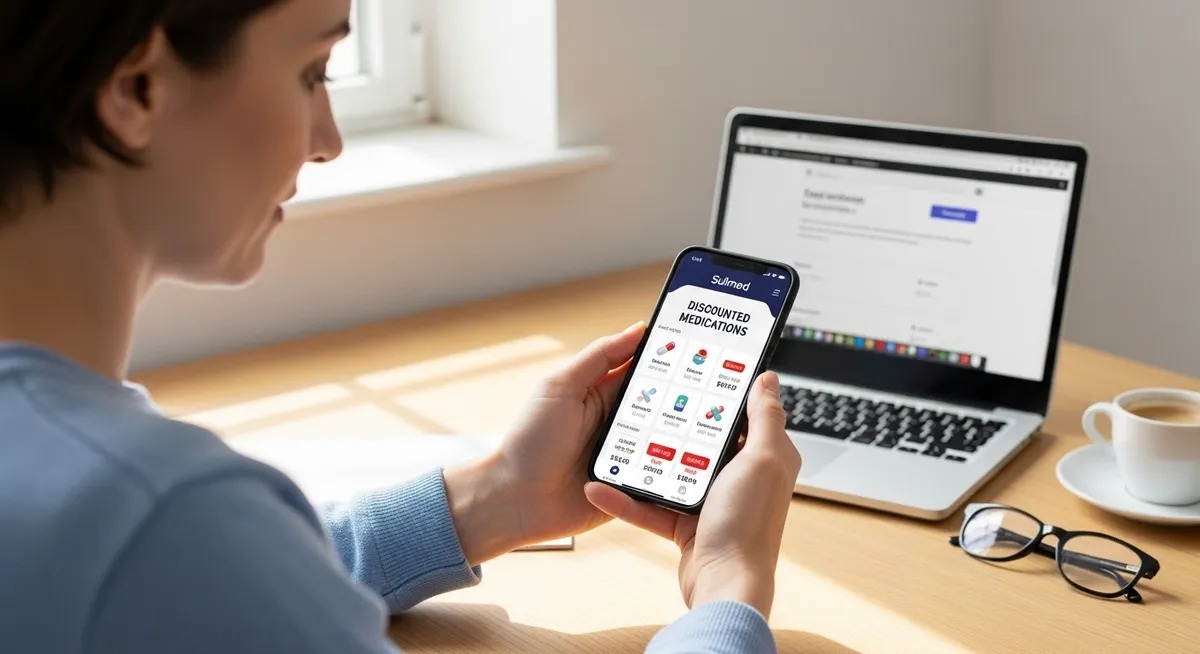 Mulher consultando medicamentos com desconto pelo celular