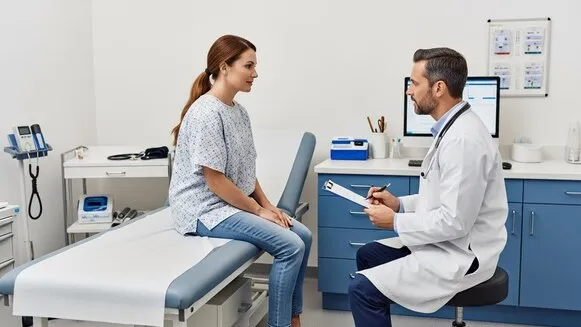 Mulher sentada à mesa em casa, fazendo uma videoconsulta médica em um tablet que exibe o logo HealthPlanPro.