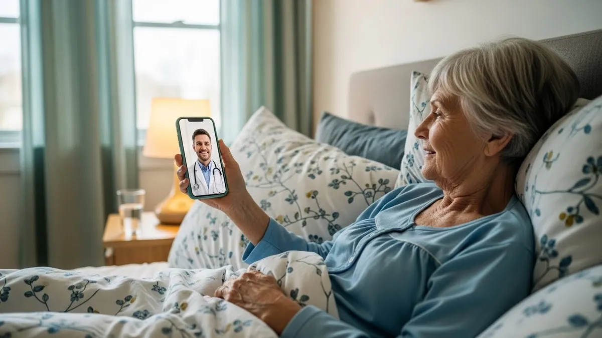 Mulher idosa sorrindo, deitada na cama, fazendo uma teleconsulta médica através do celular.