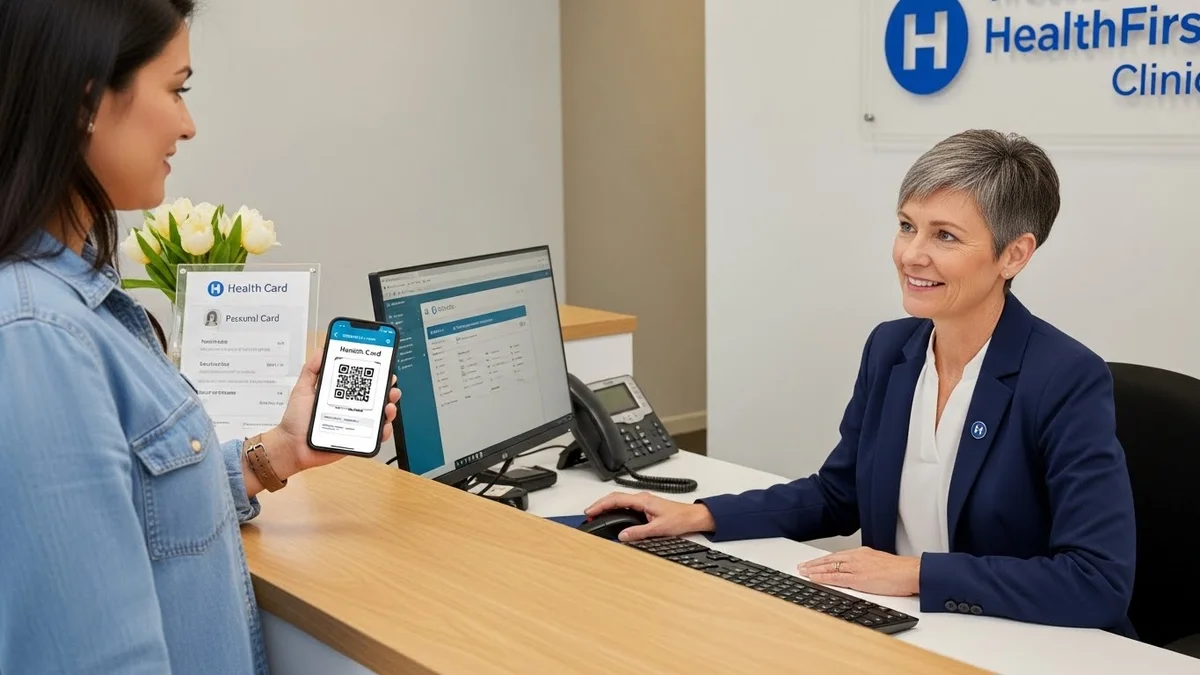 Recepcionista da HealthFirst Clinic sorri para paciente com Health Card digital.