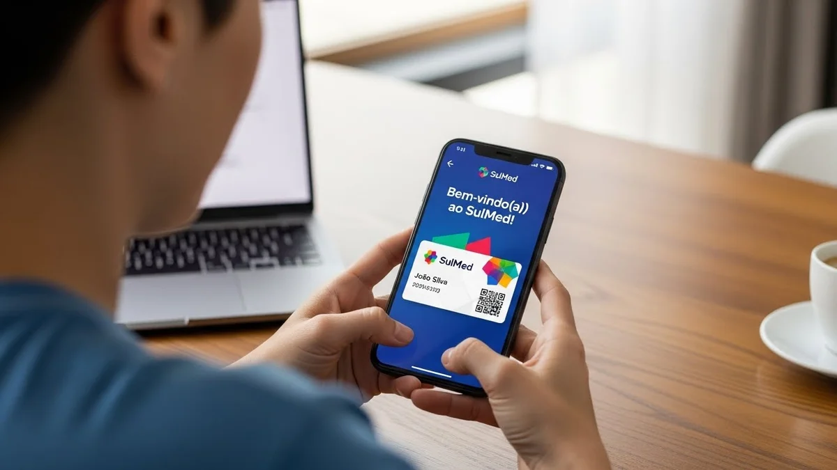 Pessoa segura celular com tela de boas-vindas e QR Code do SulMed.