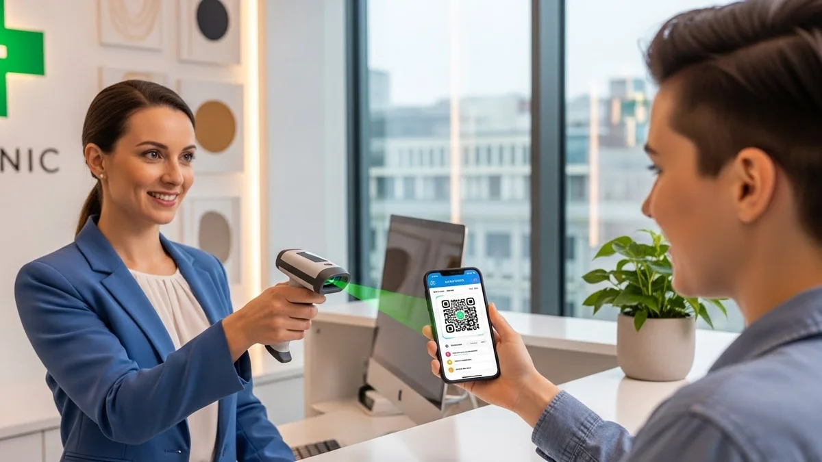 Paciente na farmácia mostrando QR Code Sulmed para farmacêutica.