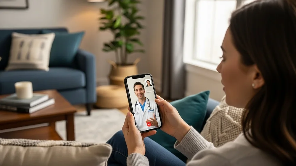 Mulher faz teleconsulta médica por vídeo no celular em casa