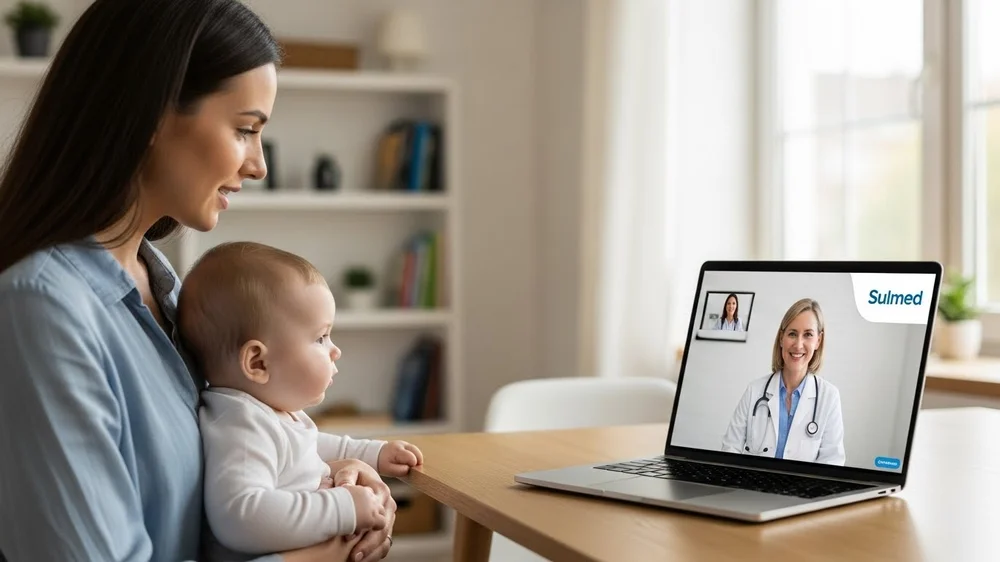 Mãe e bebê em teleconsulta com médica da Sulmed no laptop