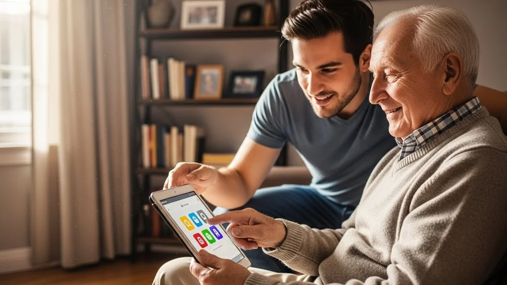 Jovem e idoso sorrindo usando tablet com ícones de aplicativos