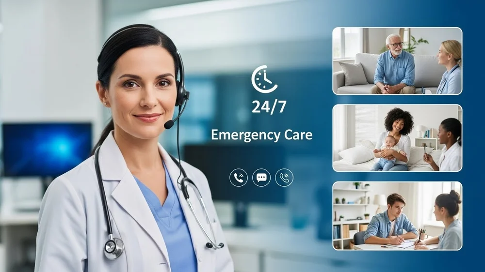 Médica com headset 24/7 e colagens de teleatendimento