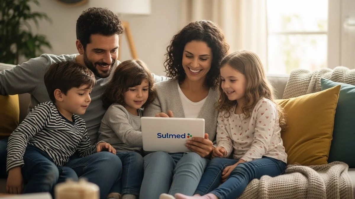 Família feliz com pais e três filhos olhando um tablet com o logo da Sulmed.