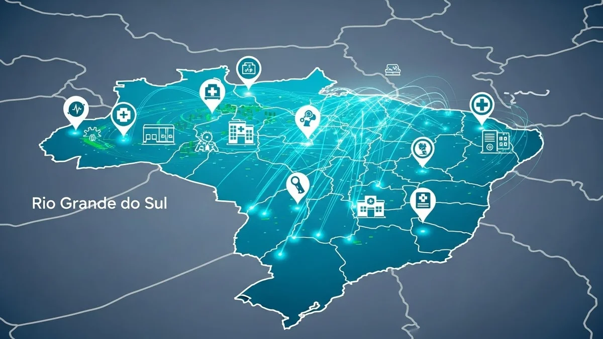 Mapa estilizado do Brasil mostrando a cobertura de serviços de saúde em vários estados.