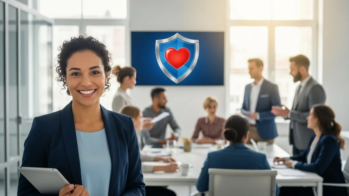 Mulher sorridente em primeiro plano em uma reunião de negócios, com um escudo de saúde na tela atrás.