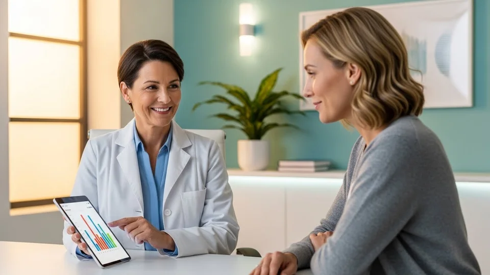 Médica sorridente de jaleco branco mostra gráficos de saúde em um tablet para uma paciente em um consultório.