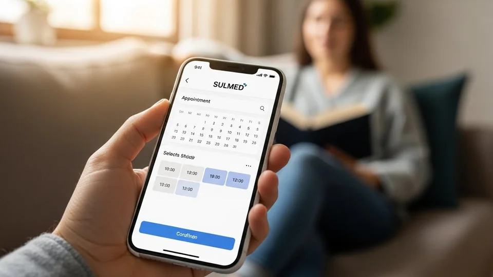 Mão segurando smartphone com o aplicativo Sulmed aberto na tela de agendamento de consultas com calendário.