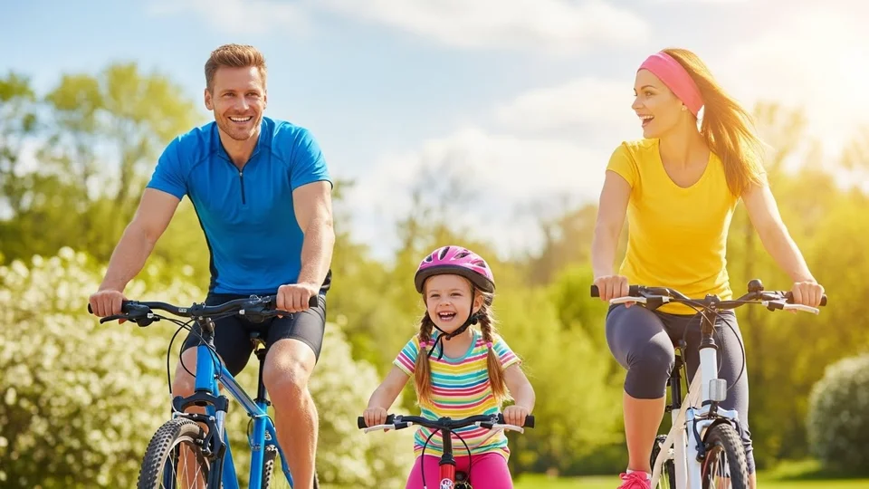 Pai, mãe e filha pequena sorrindo enquanto andam de bicicleta em um parque ensolarado cercado por árvores.