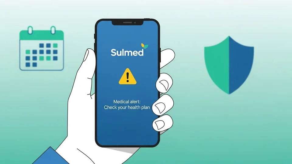 Ilustração de uma mão segurando um celular com o logotipo Sulmed e um alerta de verificação do plano de saúde.