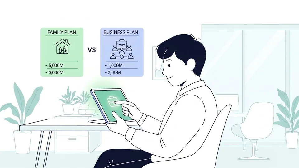 Ilustração comparando benefícios de plano de saúde familiar contra plano empresarial.