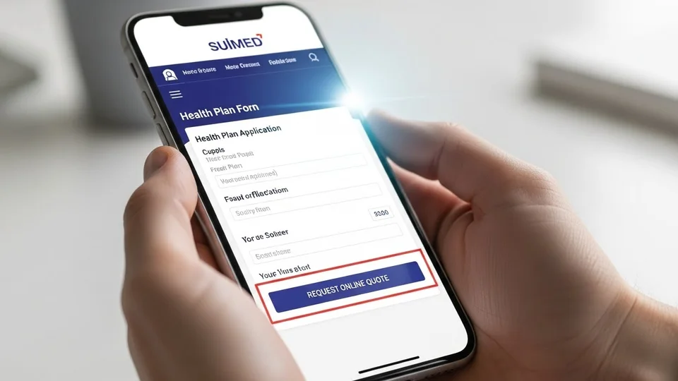 Mão segurando celular com formulário do app Suimed para solicitar cotação de plano de saúde.